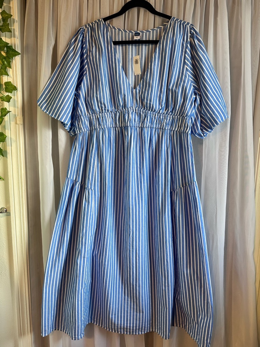 Old Navy Maternity Blue White Striped Cotton Dress with Bubble Sleeves Size L